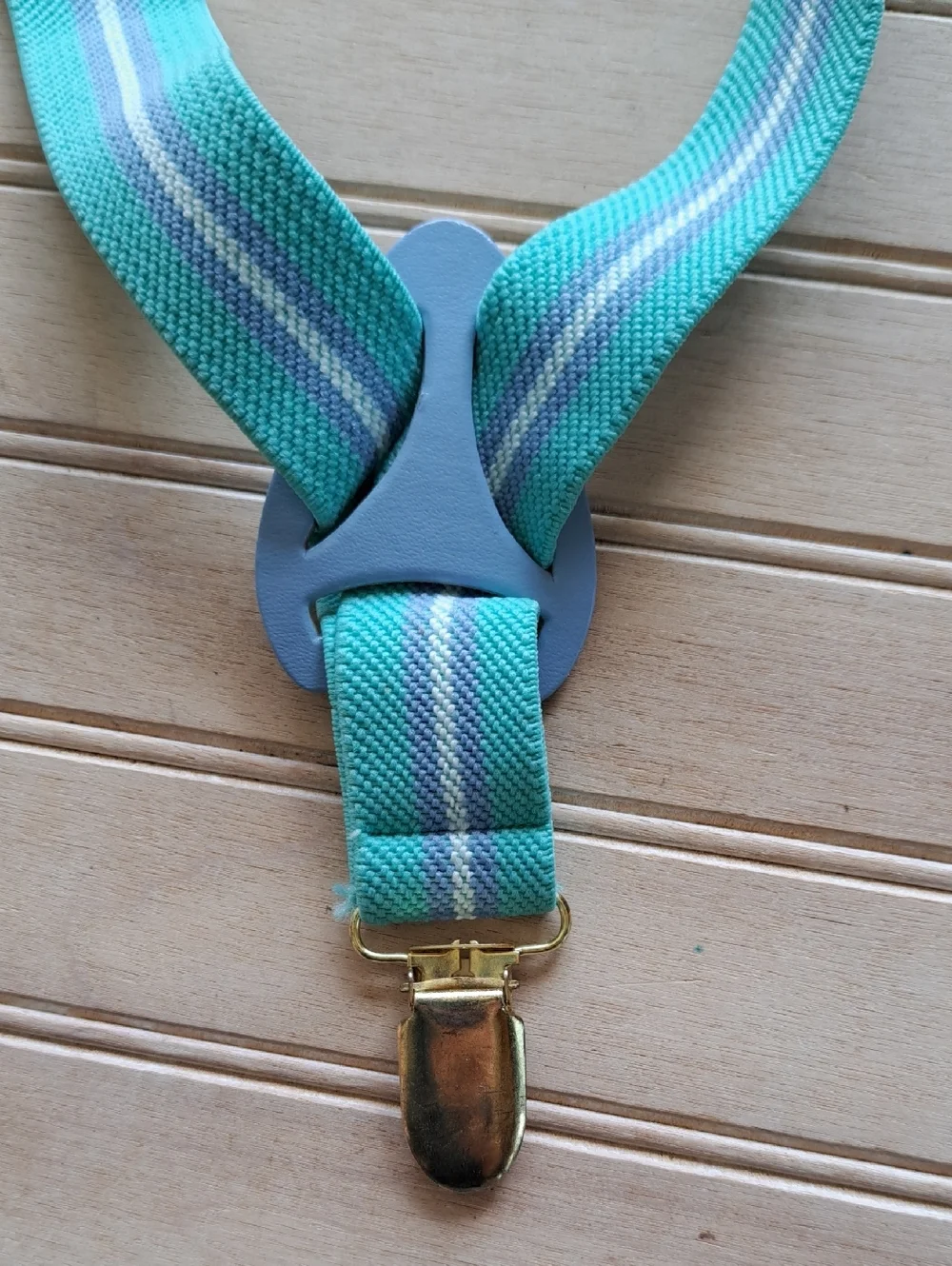 Vintage Infant Boy Elastic Suspenders Aqua Blue Striped Clip-On Braces Formal